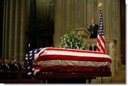 President George W. Bush delivers eulogy at the funeral service for former President Ronald Reagan at the National Cathedral in Washington, DC on June 11, 2004.  White House photo by Paul Morse