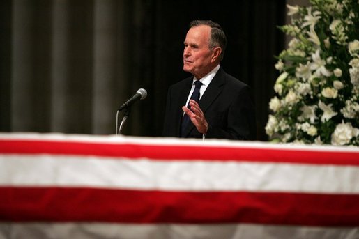 Former President George H.W. Bush delivers a eulogy for former President Ronald Reagan during the funeral service at the National Cathedral in Washington, DC on June 11, 2004. White House photo by Eric Draper.