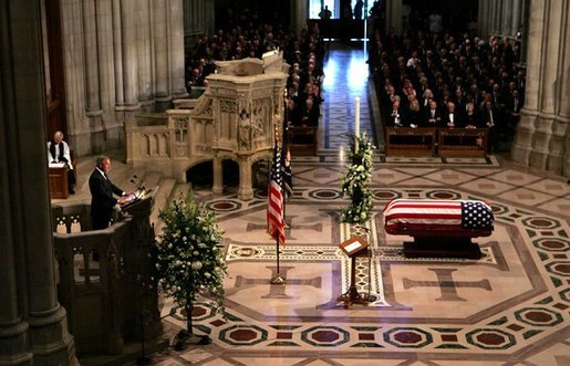 President George W. Bush delivers eulogy at the funeral service for former President Ronald Reagan at the National Cathedral in Washington, DC on June 11, 2004. White House photo by Paul Morse.