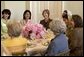 Laura Bush hosts a luncheon for the U.S.-Afghan Women's Council in the Family Dining Room located in the private living quarters of the White House Tuesday, June 15, 2004. Pictured with Mrs. Bush are, clockwise from left: the Honorable Zohra Rasekh, Mrs. Shamim Jawad, Dr. Habiba Sarabi, Ms. Shukria Amani, the Honorable Shirin Tahir-Kheli, Mrs. Joyce Rumsfeld and Ms. Patricia Mitchell. White House photo by Tina Hager.