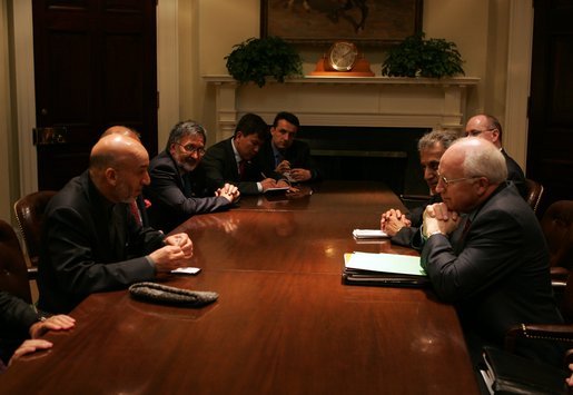 Vice President Dick Cheney meets with President Hamid Karzai of Afghanistan in the Roosevelt Room Tuesday, June 15, 2004. White House photo by David Bohrer.