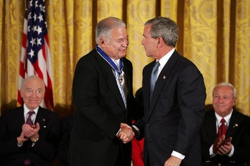 Recipient of the Presidential Medal of Freedom Senator Edward William Brooke thanks President George W. Bush after receiving his award in the East Room of the White House on June 23, 2004. White House photo by Paul Morse