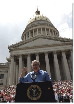 President George W. Bush delivers remarks at the Fourth of July Celebration on the steps of the Capitol in Charleston, West Virginia on Independence Day, 2004.  White House photo by Tina Hager