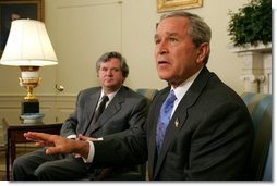 President George W. Bush meets with the Prime Minister David Oddsson of Iceland in the Oval Office Tuesday, July 6, 2004.  White House photo by Eric Draper