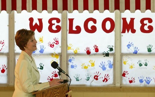 Laura Bush addresses the press during a visit to Hueytown Elementary School in Birmingham, Ala., Wednesday, July 14, 2004. White House photo by Joyce Naltchayan