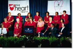 Laura Bush addresses a Heart Truth event at St. Vincent's Hpspital in Jacksonville, Fla., July 15, 2004.  White House photo by Joyce Naltchayan