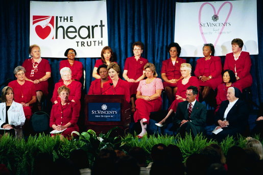 Laura Bush addresses a Heart Truth event at St. Vincent's Hpspital in Jacksonville, Fla., July 15, 2004. White House photo by Joyce Naltchayan