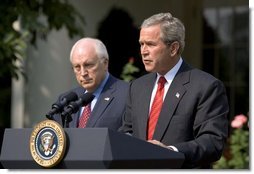 As Vice President Dick Cheney stands by his side, President George W. Bush delivers remarks during the signing ceremony of S.15-Project Bioshield Act of 2004, in the Rose Garden Wednesday, July 21, 2004. "The bill I am about to sign is an important element in our response to that threat. By authorizing unprecedented funding and providing new capabilities, Project BioShield will help America purchase, develop and deploy cutting-edge defenses against catastrophic attack," said the President.  White House photo by Paul Morse