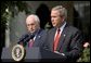As Vice President Dick Cheney stands by his side, President George W. Bush delivers remarks during the signing ceremony of S.15-Project Bioshield Act of 2004, in the Rose Garden Wednesday, July 21, 2004. "The bill I am about to sign is an important element in our response to that threat. By authorizing unprecedented funding and providing new capabilities, Project BioShield will help America purchase, develop and deploy cutting-edge defenses against catastrophic attack," said the President. White House photo by Paul Morse.