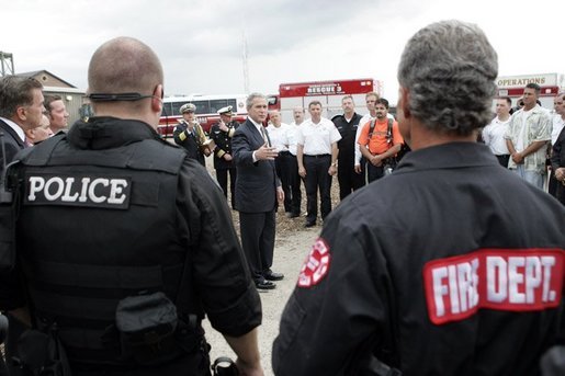 President George W. Bush addresses police and firemen after a demonstration by first responders at Northeastern Illinois Public Training Academy in Glenview, Illinois on Thursday July 22, 2004. White House photo by Paul Morse.