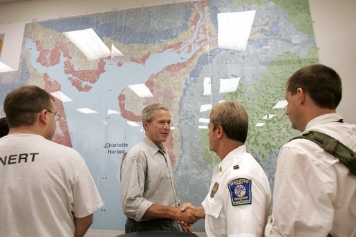 President George W. Bush meets with public safety personnel at the Charlotte County Emergency Operations Center in Punta Gorda, Fla., Sunday, Aug. 15, 2004. White House photo by Eric Draper.