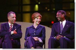 Laura Bush participates in the dedication of the National Underground Railroad Freedom Center in Cincinnati, Ohio, Monday, Aug. 23, 2004. Pictured with Mrs. Bush are the center's executive director Dr. Spencer Crew, right, and President Edward Riguad.  White House photo by Joyce Naltchayan
