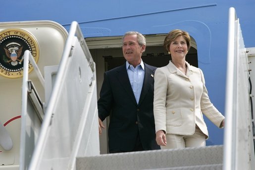President George W. Bush and Mrs. Bush arrive aboard of Air Force One at General Mitchell International Airport - Air Reserve Station in Milwaukee, Wisconsin, Friday, Sept. 3, 2004. White House photo by Eric Draper