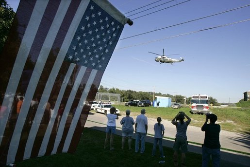 Marine One with President George W. Bush aboard lands in Millvale, Pa. following an aerial tour of recent flood damage from Tropical Depression Ivan in Allegheny County, Pa., Wednesday, Sept. 22, 2004. President Bush declared that a major disaster exists in the Commonwealth of Pennsylvania and ordered federal aid for Allegheny and several nearby counties. White House photo by Eric Draper.