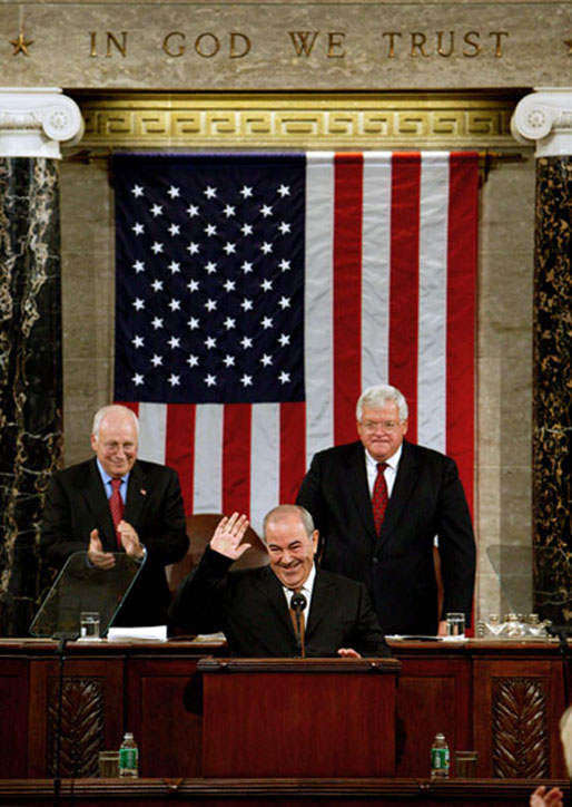 Vice President Dick Cheney and Speaker of the House Dennis Hastert (R-IL), right, welcome, Iraqi interim Prime Minister Ayad Allawi, center, before he addresses the joint meeting of Congress on Capitol Hill Thurs., Sept. 23, 2004. White House photo by David Bohrer