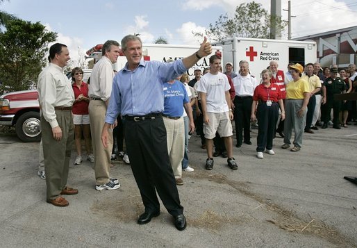 President George W. Bush addresses the press during a visit to Martin County Red Cross Headquarters in Stuart, Fla., Thursday, Sept. 30, 2004. "I appreciate the strong leadership of the -- of those who represent the armies of compassion,"said the President. "I'm proud to stand with the men and women of the Red Cross, the Salvation Army and other faith-based and community groups that are providing important relief." White House photo by Eric Draper