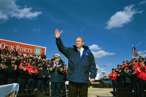President George W. Bush delivers remarks on Homeland Security to the United States Coast Guard at the Port of Philadelphia Coast Guard Facility in Pennsylvania. March, 31, 2003. White House photo by Tina Hager
