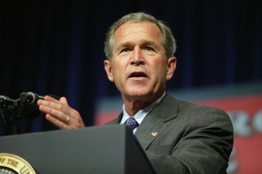 President George W. Bush delivers remarks about the USA Patriot Act to local military and emergency first responders in Hershey, Pa., April 19, 2004. White House photo by Paul Morse