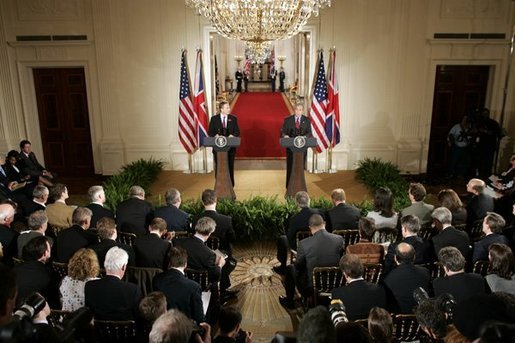 President George W. Bush and British Prime Minister Tony Blair during their press conference in the East Room of the White House on Friday November 12, 2004. White House photo by Paul Morse