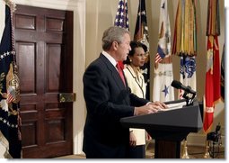President George W. Bush announces his nomination of National Security Advisor Dr. Condoleezza Rice as Secretary of State in the Roosevelt Room Tuesday, Nov. 16, 2004. "She's a recognized expert in international affairs, a distinguished teacher and academic leader, and a public servant with years of White House experience," said the President.  White House photo by Paul Morse
