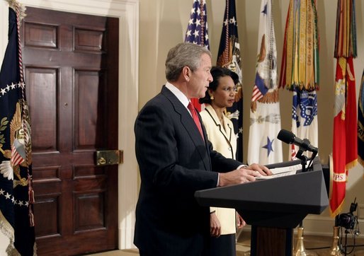 President George W. Bush announces his nomination of National Security Advisor Dr. Condoleezza Rice as Secretary of State in the Roosevelt Room Tuesday, Nov. 16, 2004. "She's a recognized expert in international affairs, a distinguished teacher and academic leader, and a public servant with years of White House experience," said the President. White House photo by Paul Morse.