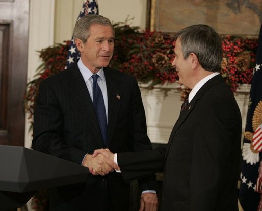 President George W. Bush greets Nebraska Governor Mike Johanns after nominating him for Secretary of Agriculture in the Roosevelt Room of the White House, Dec. 2, 2004. White House photo by Paul Morse.