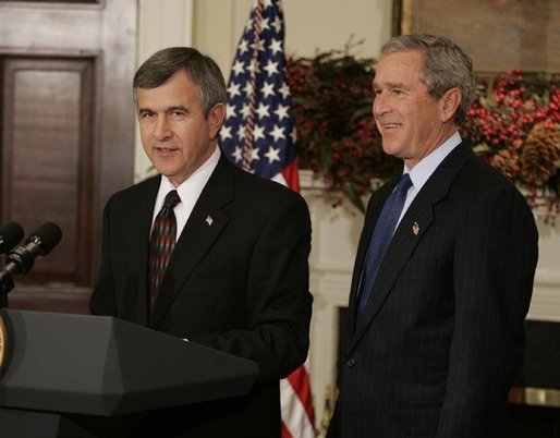 President George W. Bush listens to Nebraska Governor Mike Johanns after nominating him for Secretary of Agriculture in the Roosevelt Room of the White House, Dec. 2, 2004. White House photo by Paul Morse.