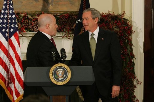 President George W. Bush announces his nomination of Bernard B. Kerik, the New York police commissioner during the Sept. 11, 2001 terrorist attacks, as the new Department of Homeland Security Secretary in the Roosevelt Room Friday, Dec. 3, 2004. White House photo by Tina Hager
