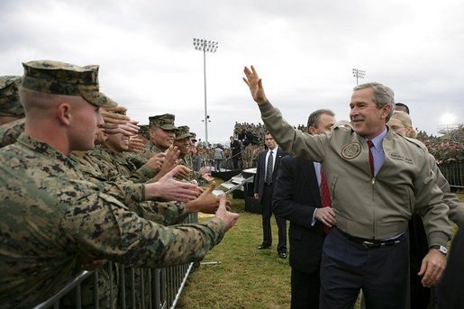 President George W. Bush greets military personnel and their families after delivering remarks at Marine Corps Base Camp Pendleton, Calif., Tuesday, Dec. 7, 2004.White House photo by Eric Draper