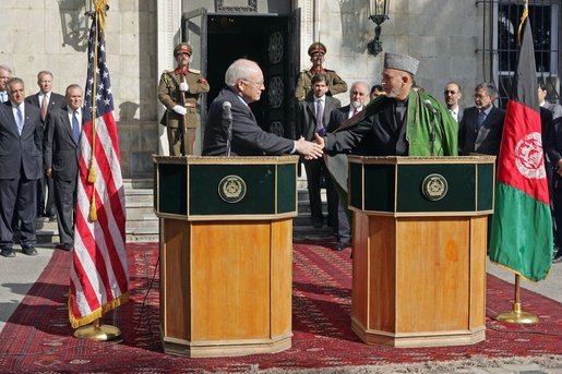 Vice President Dick Cheney and Afghanistan President Hamid Karzai shake hands during a press availability at the Presidential Palace in Kabul, Afghanistan, Dec. 7, 2004. White House photo by David Bohrer