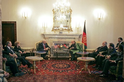 Vice President Dick Cheney participates in a bilateral meeting with Afghanistan President Hamid Karzai at the Presidential Palace in Kabul, Afghanistan, Tuesday, Dec. 7. 2004. President Karzai is Afghanistan's first democratically-elected president. White House photo by David Bohrer
