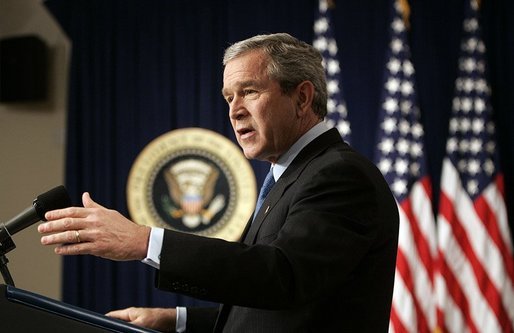 President George W. Bush answers questions during a press conference in room 450 of the Eisenhower Executive Office Building on December 20, 2004. White House photo by Paul Morse.