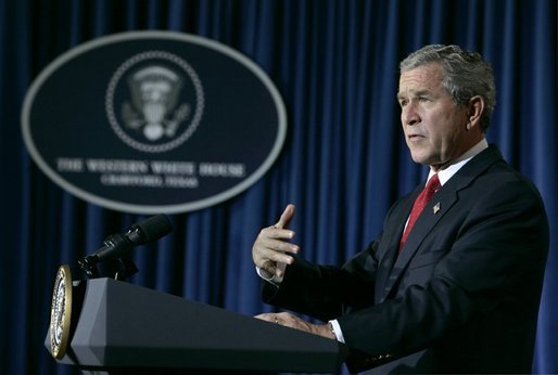 President George W. Bush speaks to the media in Crawford, Texas during a statement on the recent earthquake and Tsunami disasters, Wednesday, Dec. 29, 2004. White House photo by Eric Draper.
