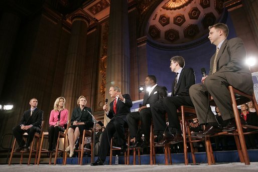 President George W. Bush participates in a discussion on Social Security reform at the Andrew W. Mellon Auditorium in Washington, D.C., Tuesday, Jan. 11, 2005. Also pictured, from left, are Sonya Stone, Rhode Stone, Bob McFadden and Scott Ballard. White House photo by Paul Morse.