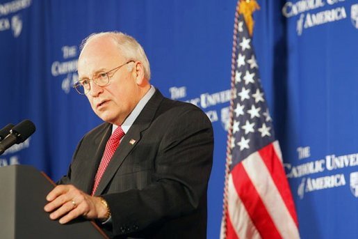 Vice President Dick Cheney discusses Social Security at the Catholic University of America in Washington, D.C., Thursday, Jan. 13, 2005. "The President knows that the longer we wait to address the coming crisis, the more excuses that are made for inaction, the more difficult and expensive the job will be down the line," said the Vice President. "So in this new term, under his leadership, we will save Social Security, and put it on a path to permanent solvency and stability." White House photo by Susan Sterner.