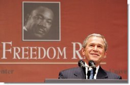 President George W. Bush gives remarks at Georgetown University's "Let Freedom Ring" celebration honoring Dr. Martin Luther King, Jr. at the Kennedy Center for the Performing Arts on Monday, January 17, 2005.  White House photo by Paul Morse