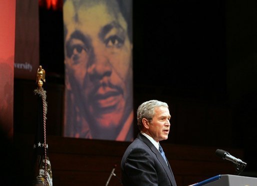 President George W. Bush gives remarks at Georgetown University's "Let Freedom Ring" celebration honoring Dr. Martin Luther King, Jr. at the Kennedy Center for the Performing Arts on Monday, January 17, 2005. White House photo by Paul Morse.