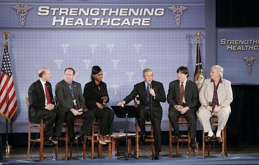 President George W. Bush takes part in a conversation about health care initiatives at the National Institutes of Health Wednesday, Jan. 26, 2005. White House photo by Paul Morse
