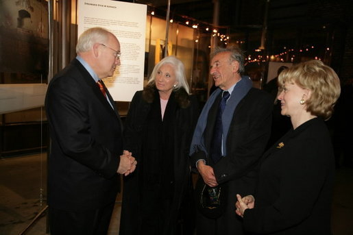 Nobel Peace Prize winner Elie Wiesel and his wife Marion Wiesel talk with Vice President Dick Cheney and his wife Lynne Cheney during a reception for holocaust survivors at the Galicia Jewish Museum in Krakow, Poland, Jan. 26, 2005. The Wiesel's, holocaust survivors themselves, were part of a United States delegation to Poland, led by Vice President Cheney to take part in ceremonies commemorating the 60th Anniversary of the liberation of the Auschwitz camps. White House photo by David Bohrer