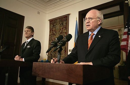 Vice President Dick Cheney and newly sworn-in Ukrainian President Viktor Yushchenko speak during a press availability after the two men met in Krakow, Poland, Wednesday, Jan. 26, 2005. Vice President Cheney leads a U.S. delegation to Poland to commemorate the 60th Anniversary of the Liberation of the Auschwitz-Birkenau Concentration Camp. White House photo by David Bohrer