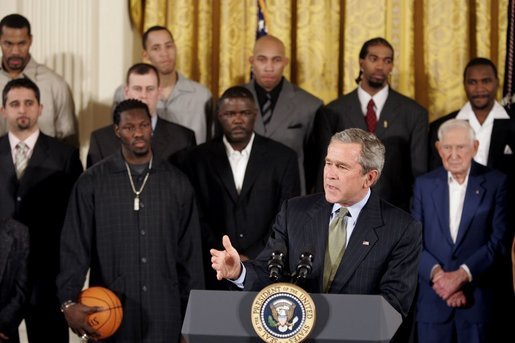President George W. Bush congratulates the Detroit Pistons on winning the 2004 NBA Championship during a ceremony in the East Room of the White House, Monday, Jan. 31, 2005. White House photo by Paul Morse.