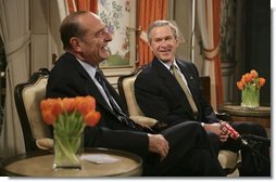 Attending the NATO Summit, President George W. Bush meets with French President Jacques Chirac in Brussels, Belgium, Monday, Feb. 21, 2005.  White House photo by Eric Draper