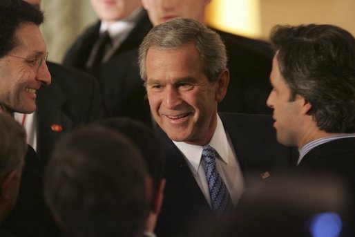 President George W. Bush greets fellow leaders and audience members during his address at Concert Noble Ballroom in Brussels, Belgium, Monday, Feb. 21, 2005. “In all these ways, our strong friendship is essential to peace and prosperity across the globe,” said the President in his speech. White House photo by Paul Morse.