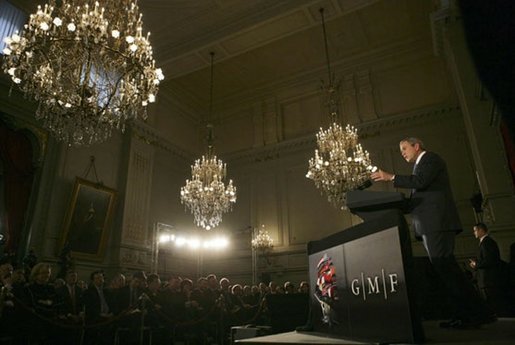 President George W. Bush delivers a foreign policy speech at the Concert Noble Ballroom, Brussels, Belgium, Monday, Feb. 21, 2005. White House photo by Eric Draper.
