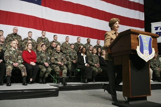 Laura Bush addresses U.S. soldiers and their spouses at Ramstein Airbase in Ramstein, Germany, Feb. 22, 2005. White House photo by Susan Sterner
