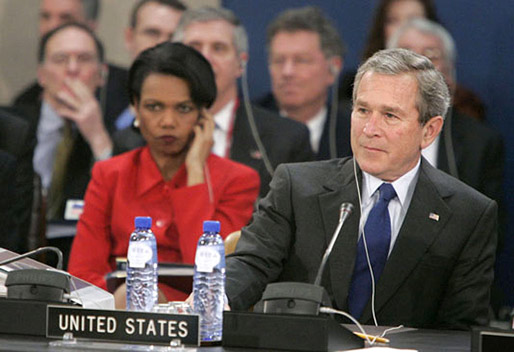 Secretary of State Condoleezza Rice and President George W. Bush attend the NATO summit in Brussels, Belgium, Tuesday, Feb. 22, 2005. White House photo by Eric Draper