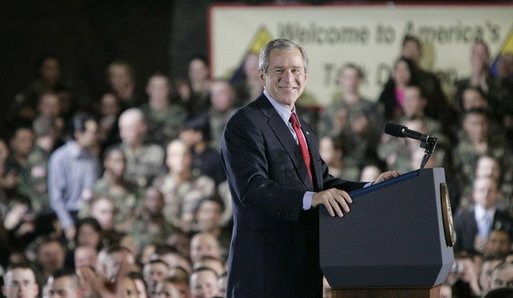 President Bush smiles broadly while addressing troops Wednesday, Feb. 24, 2005, at Wiesbaden Army Air Field in Wiesbaden, Germany. White House photo by Paul Morse