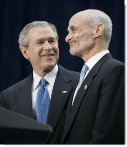 President George W. Bush stands with Michael Chertoff, the new Secretary of Homeland Security, during Chertoff’s swearing-in ceremony Thursday, Mar. 3, 2005, at the Ronald Reagan Building and International Trade Center in Washington, D.C.  White House photo by Paul Morse