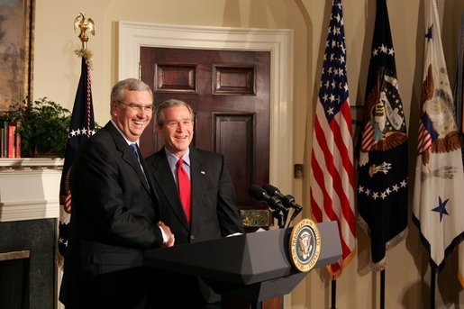 President George W. Bush announces Stephen Johnson as his nominee for EPA Administrator in the Roosevelt Room at the White House Friday, March 4, 2005. "He has 24 years of experience at the EPA, spanning all four decades of the agency’s history," said the President. White House photo by David Bohrer