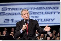 President George W. Bush discusses Social Security in Westfield, N.J., Friday, March 4, 2005.  White House photo by Paul Morse